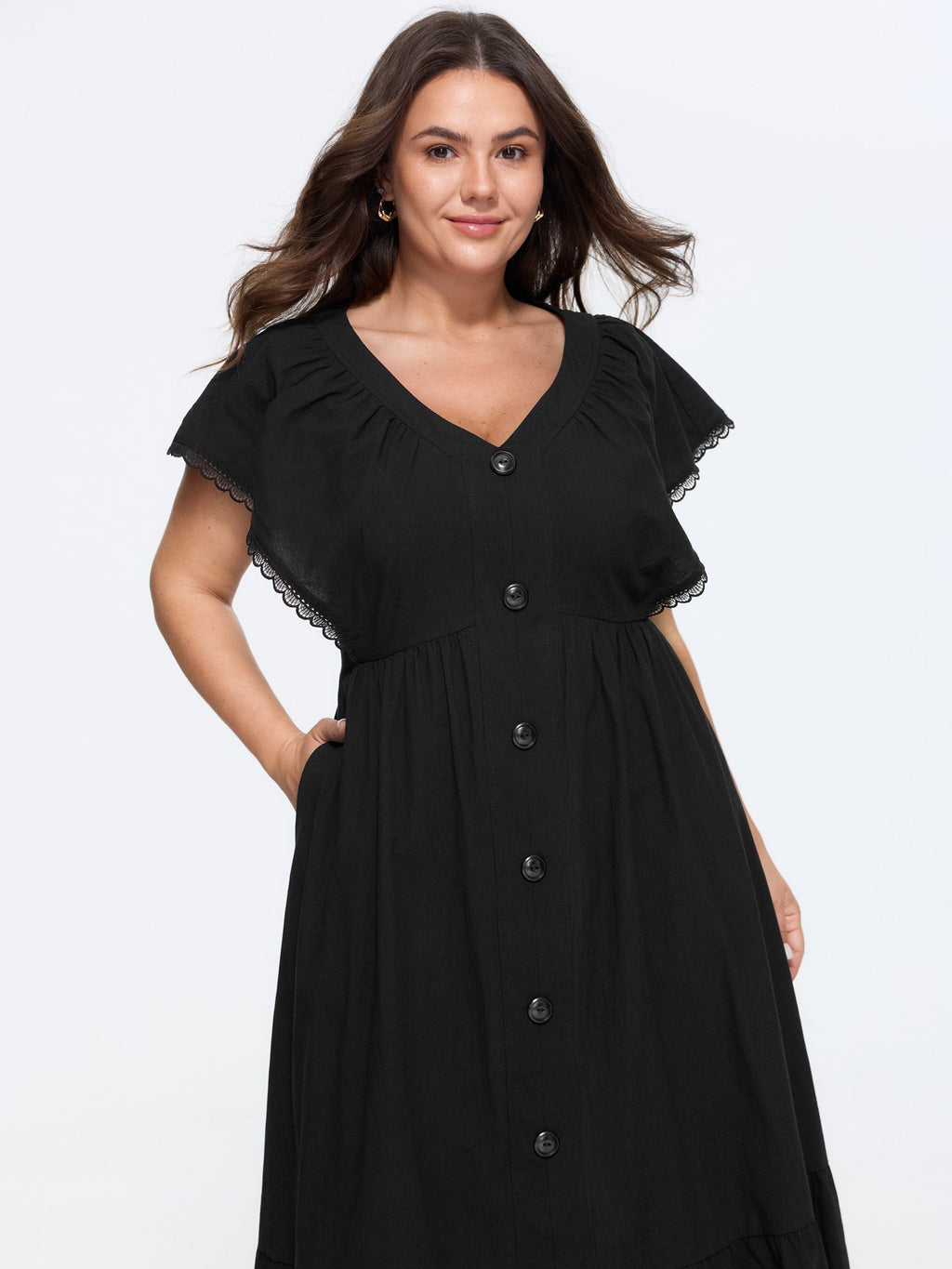 Cotton Button-Front Split Hem Midi Dress