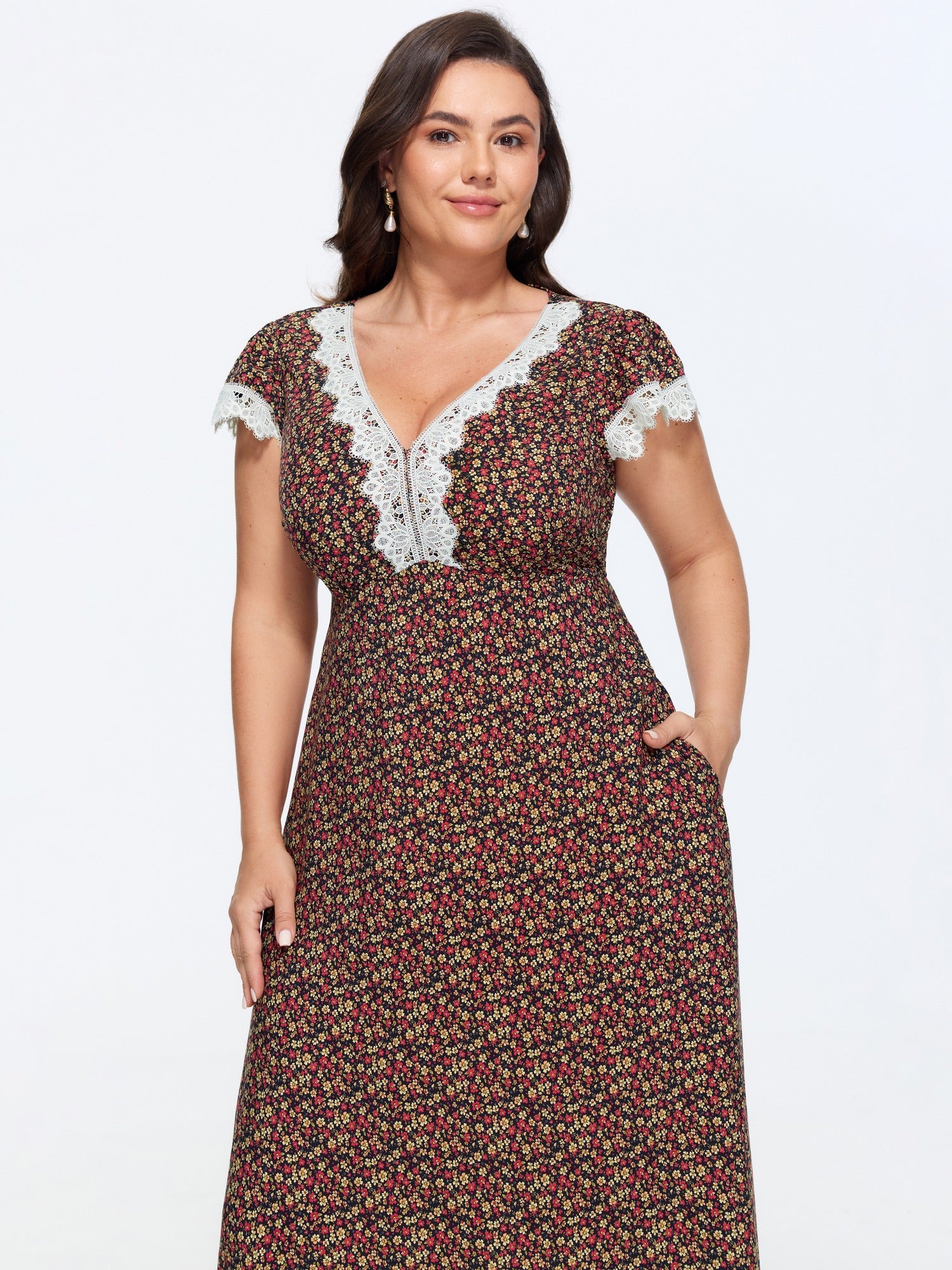 Micro-Floral Print Lace Trim Midi Dress