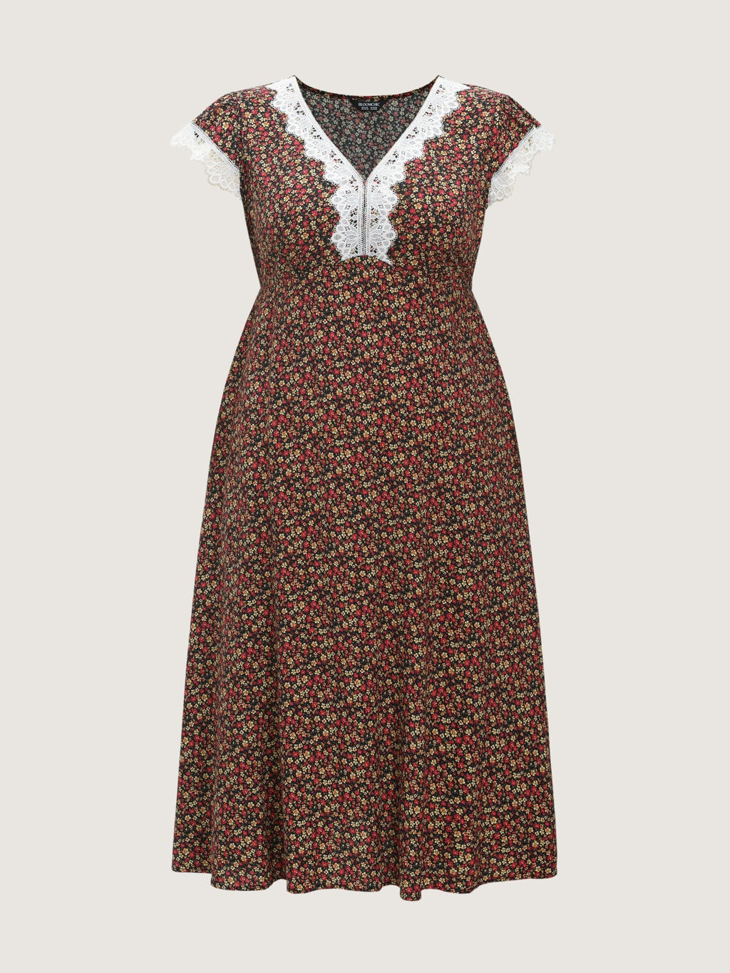Micro-Floral Print Lace Trim Midi Dress