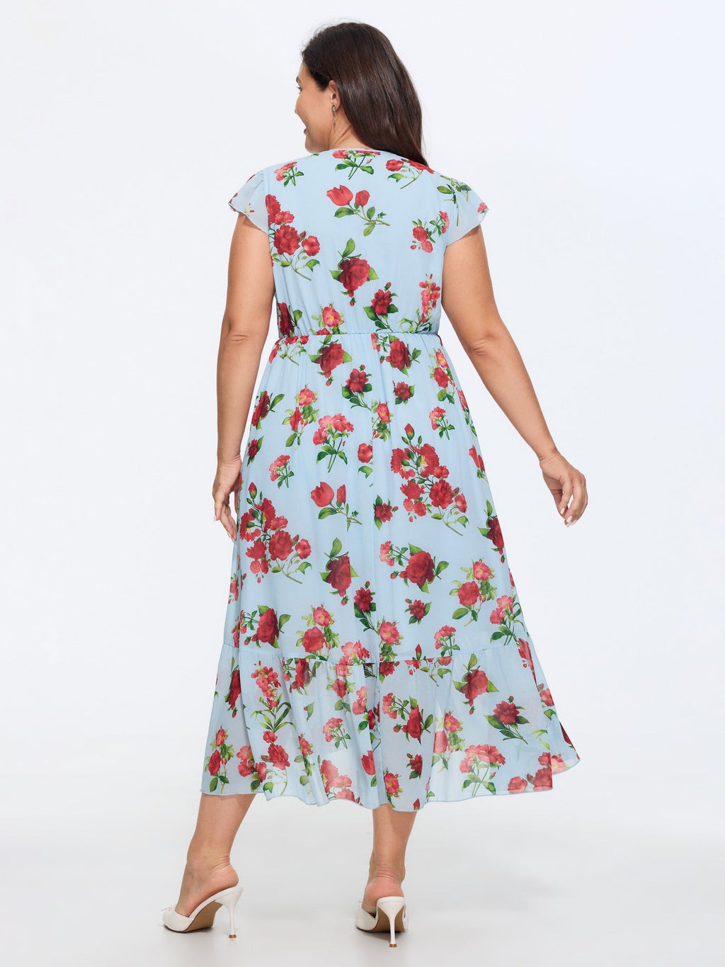 Floral Print Ruffled Neckline Flowy Midi Dress
