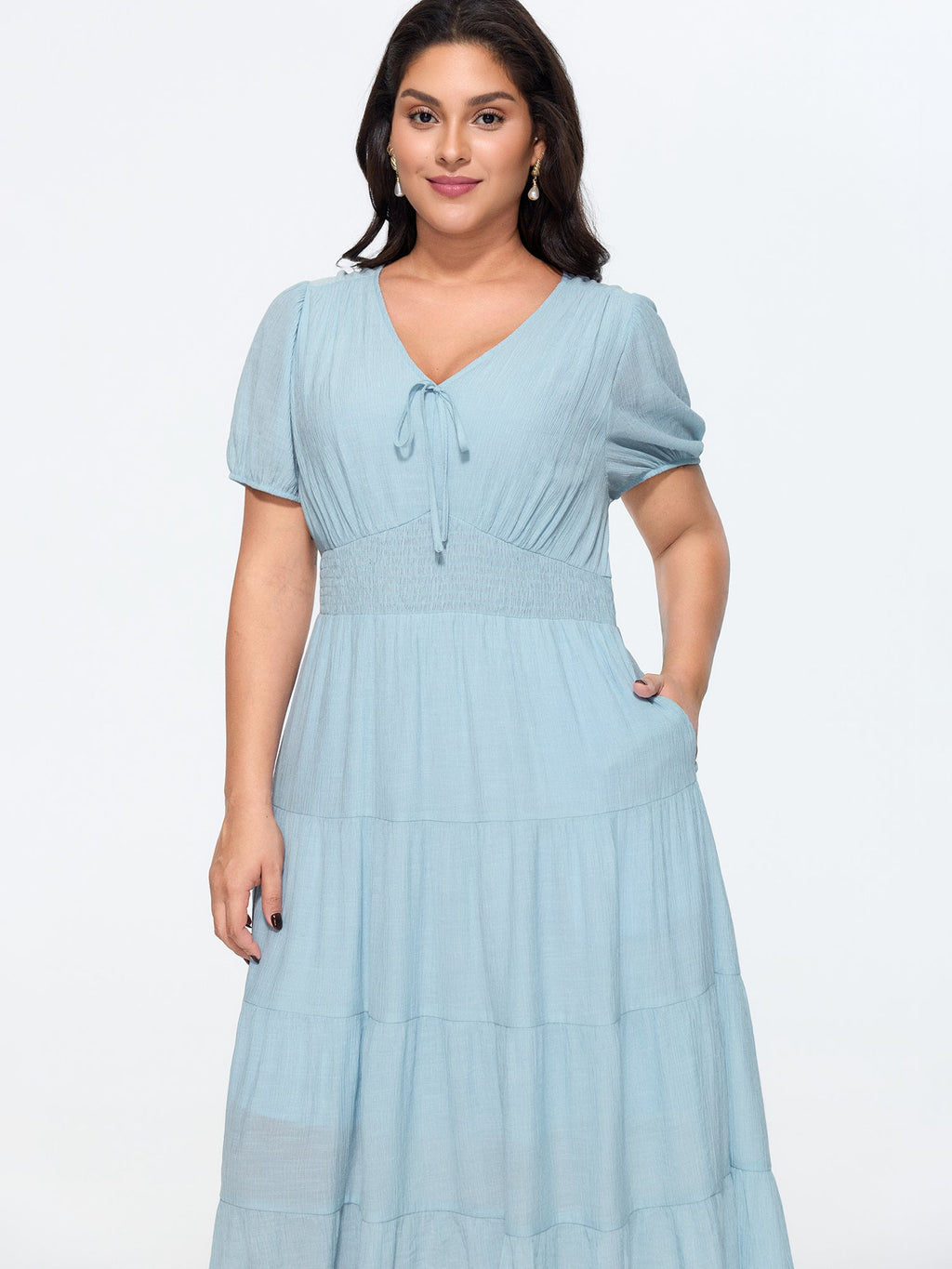 Shirred Waist Tiered Flowy Midi Dress