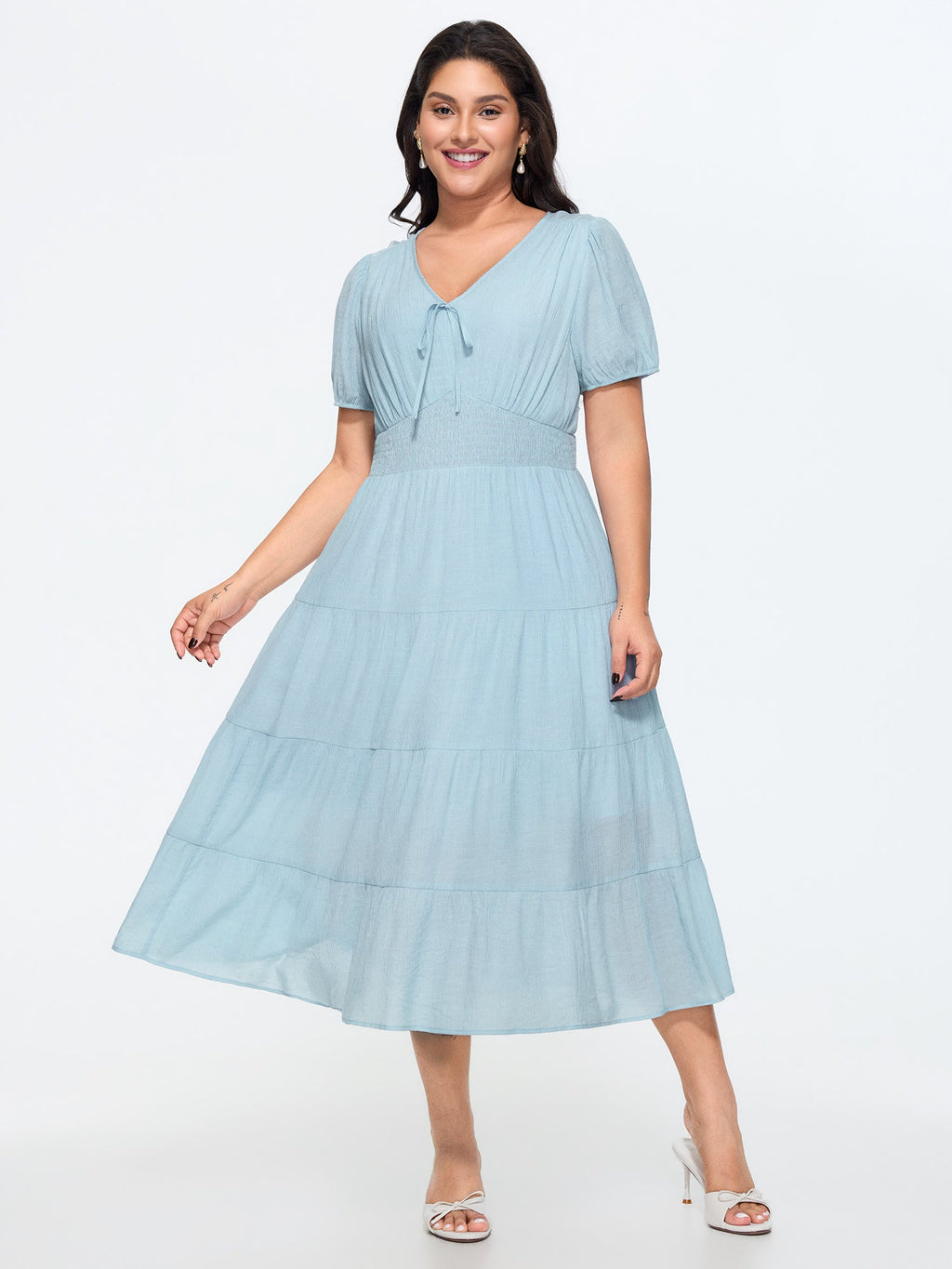 Shirred Waist Tiered Flowy Midi Dress